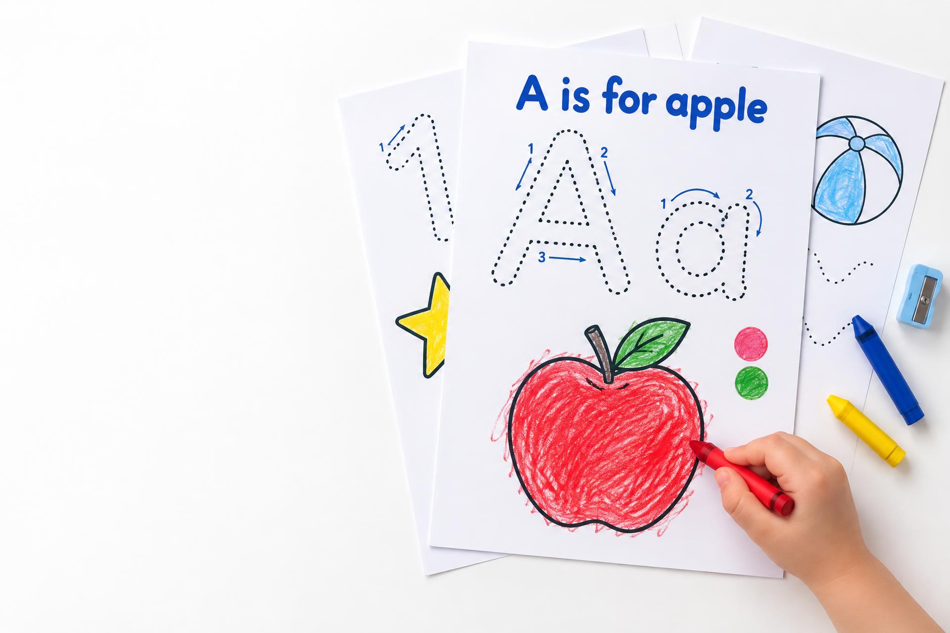 Concept preview of the apple tracing page colored in with red crayon, alongside number and ball pages